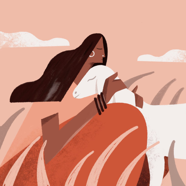 一个女孩深情地紧紧抱着一只山羊的插图图片下载