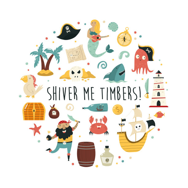 矢量组合与彩色海盗字符和海盗符号。图片下载