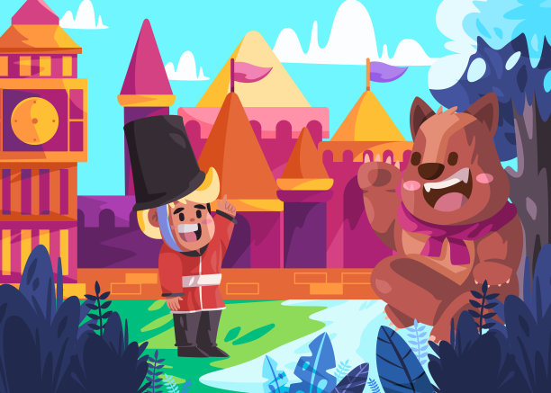 英国伦敦大本钟王国卫兵遇见大熊五彩缤纷的孩子气图画图片下载