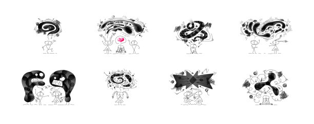 收集一些关于负面情绪的可爱图画。向量束的微缩模型。字符创建在黑色线条的线性风格。图片下载