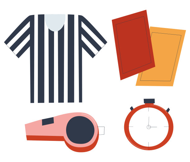 足球裁判组。红黄牌，哨子，秒表和条纹t恤。平面向量插图。图片下载