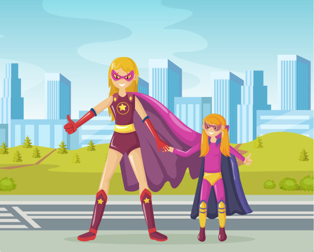 超级英雄的妈妈站着，拉着女儿的手，一起展示班级图片下载