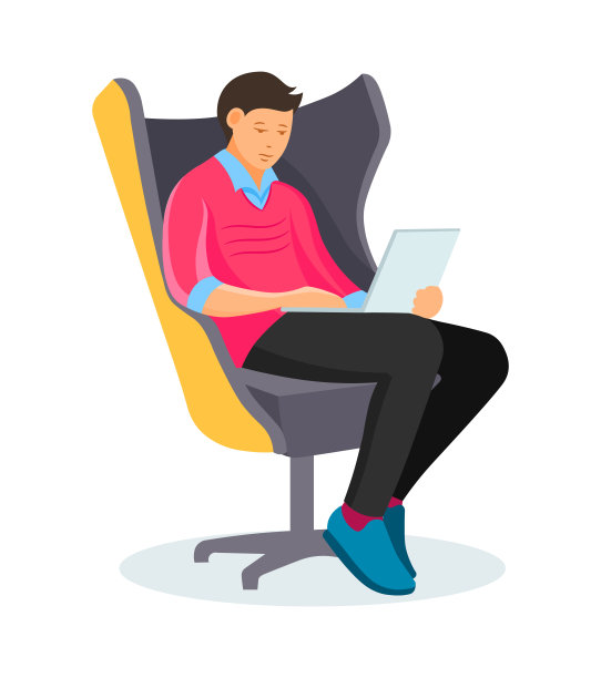 年轻员工坐在椅子上，拿着笔记本电脑，工作图片下载