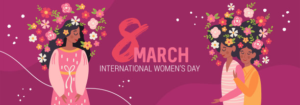 可爱的妇女节横幅设计与年轻女子和鲜花。幼稚的打印卡片，模板和海报。图片下载