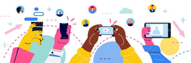 手用不同的小玩意，数码成瘾，社交媒体沟通概念水平图片下载