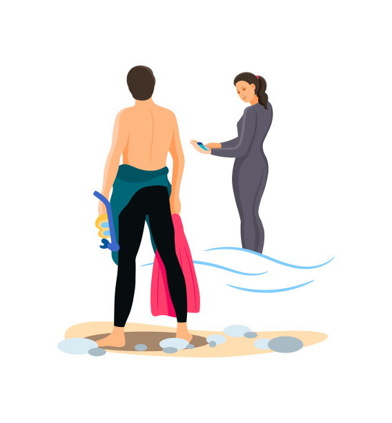 潜水员将穿着泳衣的男女结合在一起。小伙子穿上、脱下泳装，姑娘穿上潜水服。图片下载