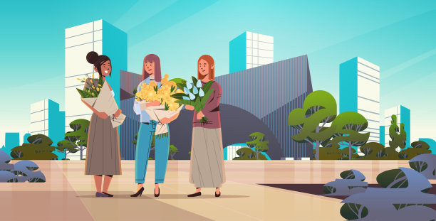 混合种族女孩捧着花束庆祝3月8日国际妇女节快乐的概念图片下载