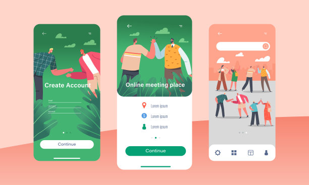 在线会议场所移动应用页面板载屏幕模板。非正式的问候，快乐的人们击掌图片下载