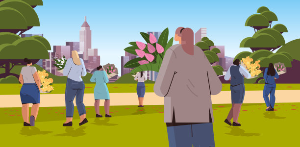 混合赛跑女孩散步与花束公园3月8日国际妇女节庆祝概念图片下载