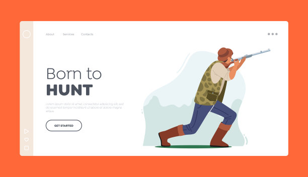 狩猎爱好着陆页面模板。猎人用步枪射击，运动或户外活动，男性角色穿迷彩图片下载