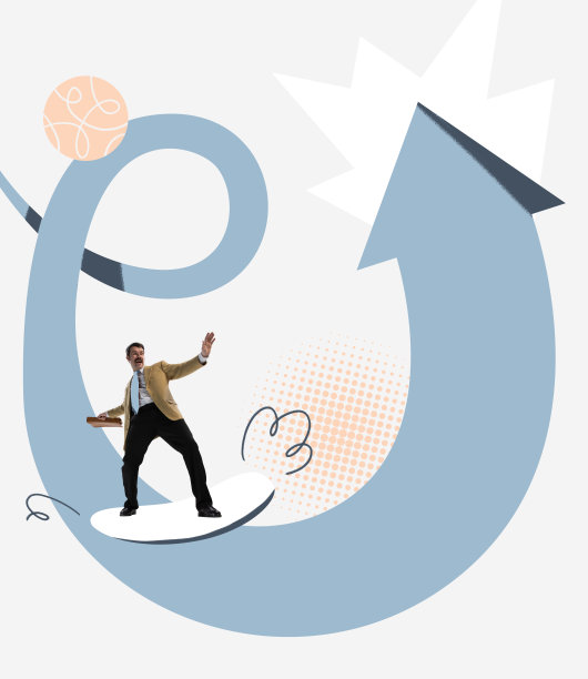 创意设计。商人在上升的箭头上冲浪，象征商业的进步和成功图片下载