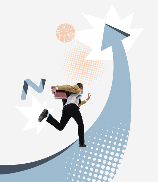 当代艺术拼贴。商人，办公室经理，带着文件夹向上跑，箭头象征着成功之路图片下载
