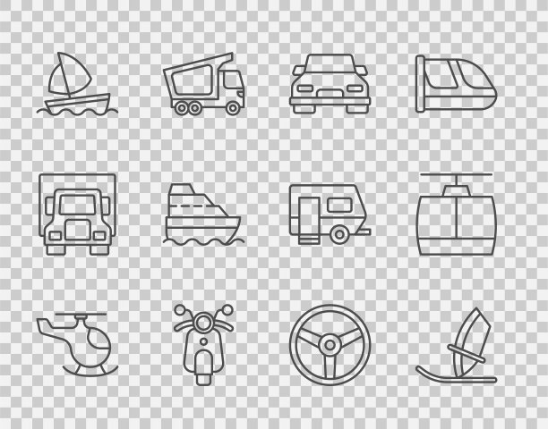 设置线直升机，风帆冲浪，汽车，滑板车，游艇帆船，游轮，方向盘和缆车图标。向量图片下载