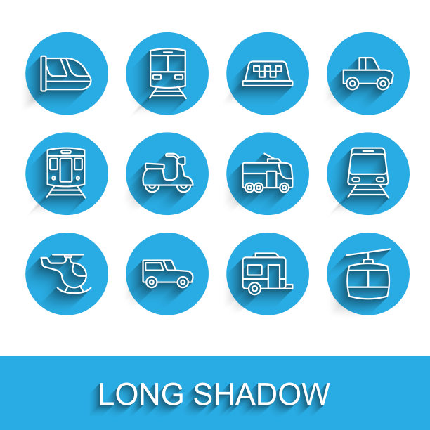 设置线直升机，汽车，火车和铁路，房车露营拖车，缆车，滑板车，和无轨电车的图标。向量图片下载