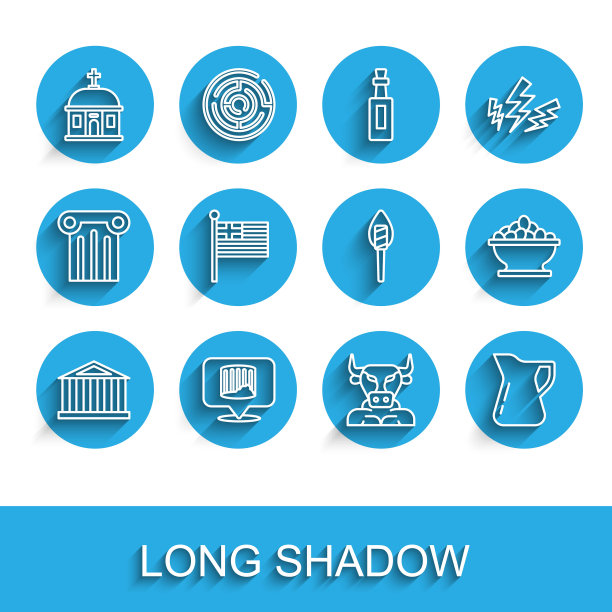 集帕台农神庙、古柱、圣托里尼建筑、牛头怪、橄榄油瓶、希腊国旗、橄榄碗和火炬火焰图标于一体。向量图片下载