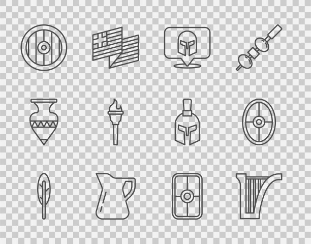设置线羽毛笔，竖琴，希腊头盔，瓶子橄榄油，盾牌，火炬火焰，和图标。向量图片下载