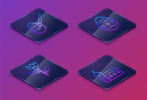 设置等距线复活节彩蛋和画笔，郁金香花，复活节彩蛋和教堂建筑。蓝色方块按钮。向量图片下载