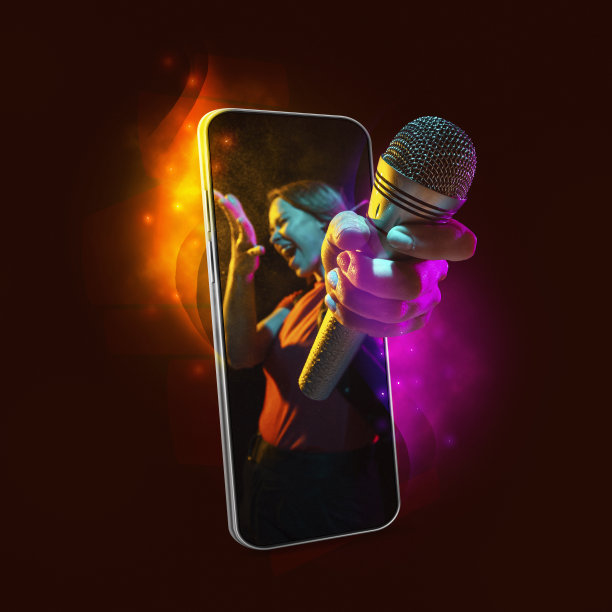 创造性的艺术拼贴。年轻美丽的女孩伸出一只手从手机屏幕孤立在黑暗的背景霓虹灯。音乐、休闲、科技的概念图片下载