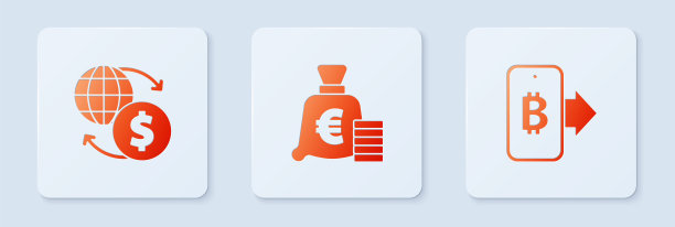 设置硬币与欧元符号，货币交换和挖掘比特币从移动。白色正方形按钮。向量图片下载