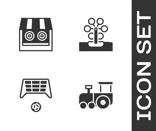 设置玩具火车，射击场，带有球的足球球门和摩天轮图标。向量图片下载