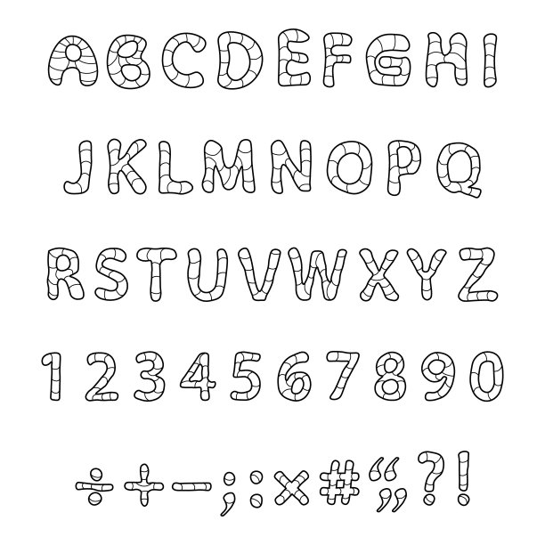 英语字母表的手绘。手写字体。数字、标点符号。卡通风格。涂鸦。黑色的轮廓。图片下载