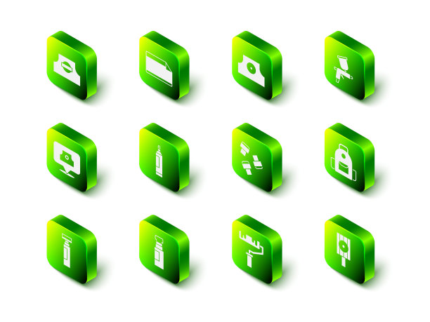 设置纸不干胶贴纸，喷雾罐喷嘴帽，喷漆枪，学校背包，马克笔附件，滚筒刷和图标。向量图片下载