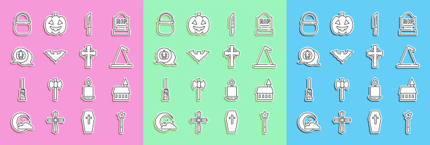 设置线魔术棒，城堡，女巫帽子，刀，飞行的蝙蝠，南瓜，万圣节女巫坩埚和十字架图标墓碑。向量图片下载