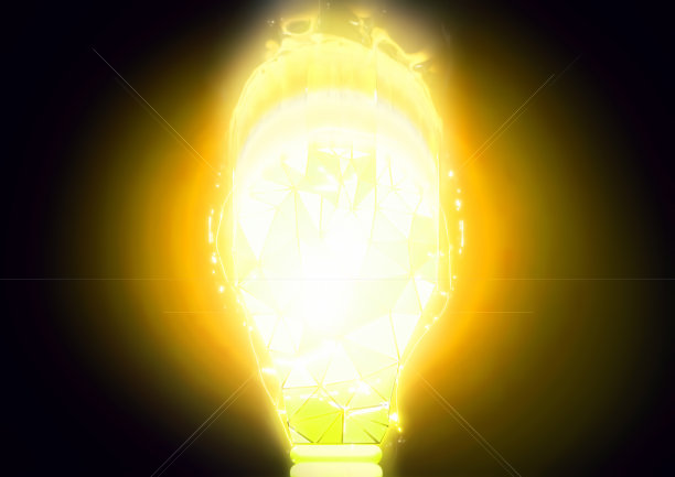 一个发光的黄色几何灯泡的3D插图图片下载