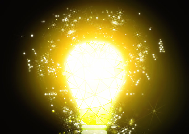 一个发光的黄色几何灯泡的3D插图图片下载