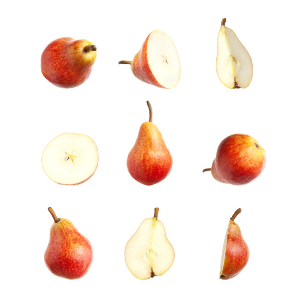 红色成熟多汁的梨孤立在白色背景上。全梨，切成薄片。夏季健康有机水果、食品、收获。梨集合。为您设计的水果集图片下载
