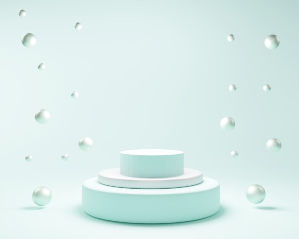 几何三阶蓝色圆柱平台，用于化妆品产品展示平台。模拟设计的空白空间。图片下载