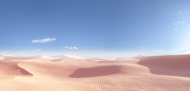 3D渲染沙丘全景在一个沙质沙漠，沙丘下的蓝色天空。图片下载