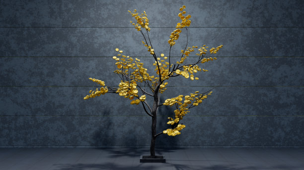 树上装满了金币。后面是一堵古老的墙。3 d渲染。图片下载