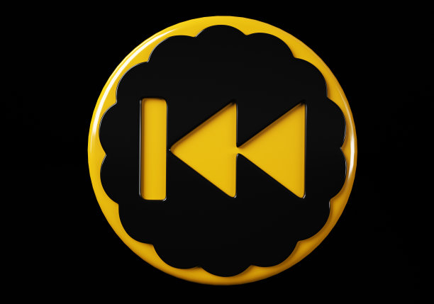 落后的媒体按钮。按钮。闪亮的图标与黄色框架和反射。黑色背景上的3d插图图片下载