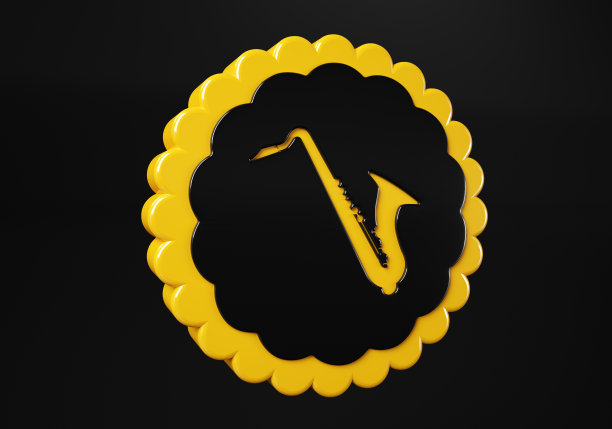 萨克斯媒体按钮。按钮。闪亮的图标与黄色框架和反射。黑色背景上的3d插图图片下载