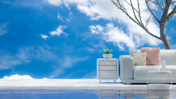 蓝色的沙发，黄色和粉色的枕头在蓝色的天空前面，旁边有植物。侧边的光线投射在树木上。横幅和标志背景的空间。3 d渲染。图片下载