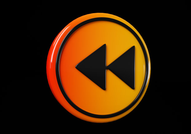 落后的媒体按钮。按钮。闪亮的图标与黄色框架和反射。黑色背景上的3d插图图片下载