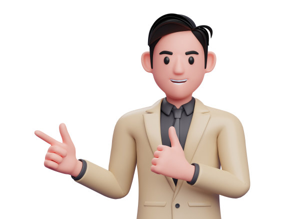 商人指点和大拇指向上，关闭3D渲染商人人物插图图片下载