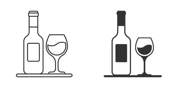 扁平风格的葡萄酒杯和酒瓶图标。香槟饮料矢量图在孤立背景上。鸡尾酒饮品标志商业理念。图片下载
