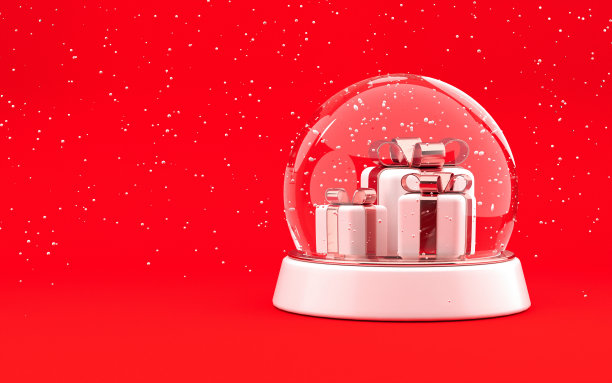 雪花玻璃球和礼物。圣诞节冬天的概念。雪下降。可爱的圆形装饰节日礼盒与雪在明亮的红色背景。庆祝现实的概念。三维渲染图片下载