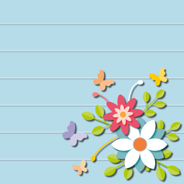 色彩鲜艳的花与蝴蝶和叶子在蓝色的木制背景。春花或春天。图片下载