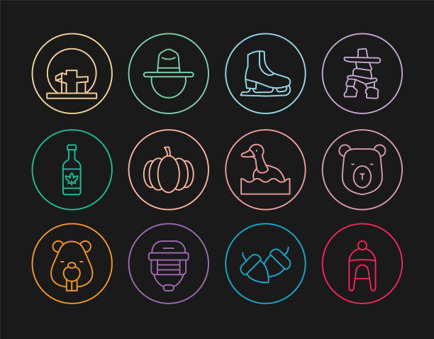 设置线冬季帽子，熊头，溜冰鞋，南瓜，啤酒瓶，蒙特利尔生物圈，飞行的鸭子和加拿大游侠图标。向量图片下载