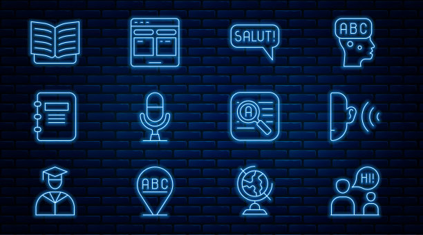 设置线路两个坐着的男人交谈，耳朵听声音信号，不同的语言，麦克风语音设备，笔记本电脑，打开，翻译和在线翻译图标。向量图片下载