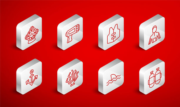 设置线aquallung，潜水员手电筒，救生衣，潜水服，鲨鱼，珊瑚和锚图标。向量图片下载