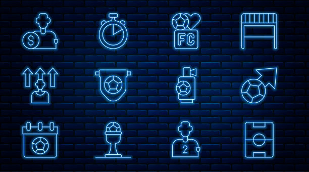 设置线足球场，足球，球迷俱乐部，旗帜，或足球运动员，购买，空气喇叭和秒表图标。向量图片下载