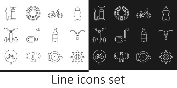 设置线自行车链轮曲柄，把手，踏板，儿童，气泵，运动瓶与水和球轴承图标。向量图片下载