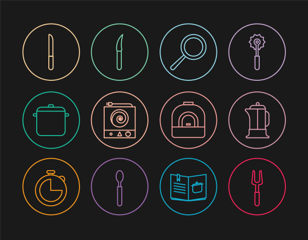 设置线烧烤叉，法式压力机，煎锅，电炉，烹饪锅，刀，烤箱和图标。向量图片下载