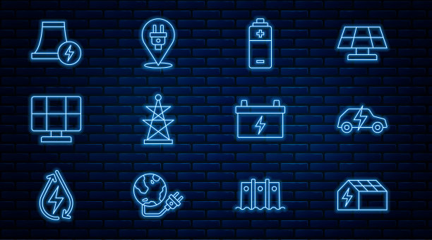 设置线太阳能电池板，电动汽车，电池，塔，核电站，汽车电池和插头图标。向量图片下载