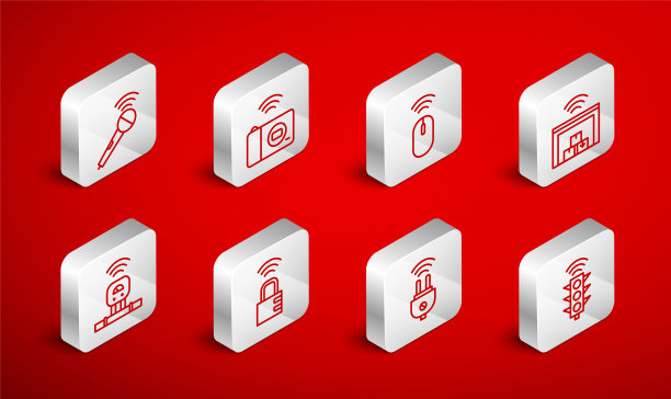 设置线路智能交通灯、摄像、无线鼠标、仓库、电插头、麦克风、安全密码锁和传感器图标。向量图片下载