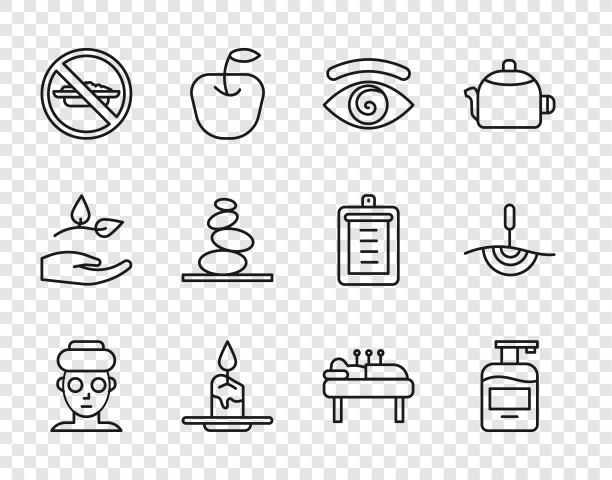 集化妆品面膜、洗洁精、催眠、香薰蜡烛、饮食、堆热石、针灸治疗、图标。向量图片下载